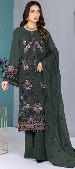 Green color Salwar Kameez in Faux Georgette fabric with Embroidered, Sequence, Thread work