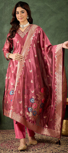 Pink and Majenta color Salwar Kameez in Organza Silk fabric with Sequence, Thread, Weaving work