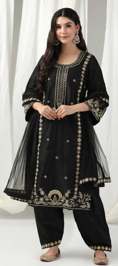 Black and Grey color Salwar Kameez in Raw Silk fabric with Cut Dana, Sequence, Thread work