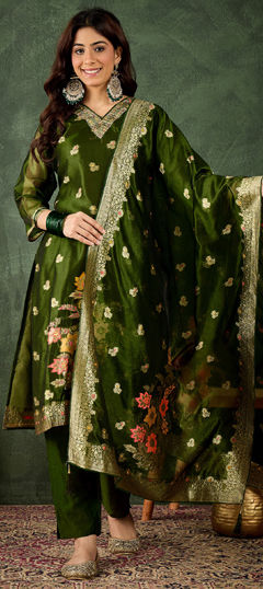 Green color Salwar Kameez in Organza Silk fabric with Sequence, Thread, Weaving work