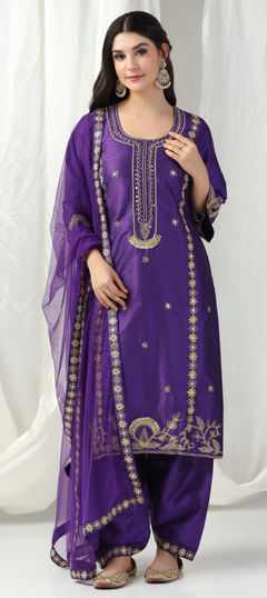 Purple and Violet color Salwar Kameez in Raw Silk fabric with Cut Dana, Sequence, Thread work