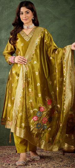 Yellow color Salwar Kameez in Organza Silk fabric with Sequence, Thread, Weaving work