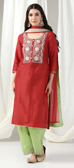 Red and Maroon color Salwar Kameez in Raw Silk fabric with Embroidered, Zari work