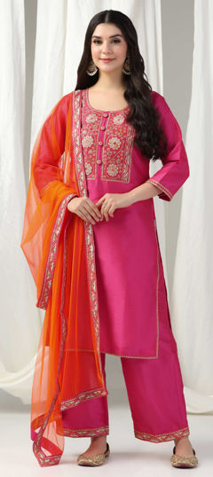 Red and Maroon color Salwar Kameez in Raw Silk fabric with Embroidered, Zari work