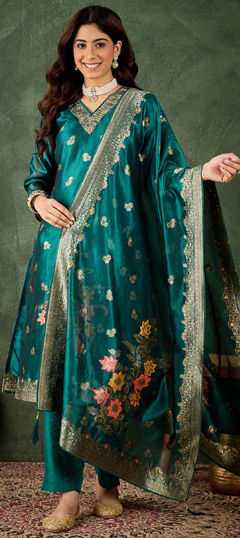 Blue color Salwar Kameez in Organza Silk fabric with Sequence, Thread, Weaving work