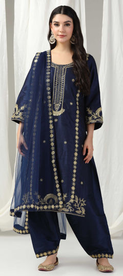 Blue color Salwar Kameez in Raw Silk fabric with Cut Dana, Sequence, Thread work