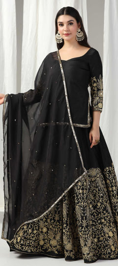 Black and Grey color Long Lehenga Choli in Raw Silk fabric with Bugle Beads, Embroidered, Sequence, Zari work