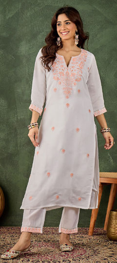 Pink and Majenta, White and Off White color Salwar Kameez in Roman Silk fabric with Embroidered, Resham work