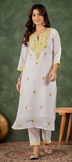 White and Off White, Yellow color Salwar Kameez in Roman Silk fabric with Embroidered, Resham work