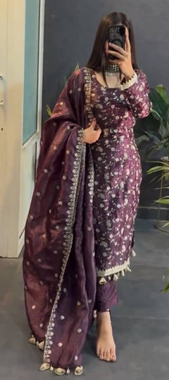 Purple and Violet color Salwar Kameez in Crushed Silk fabric with Sequence, Thread work