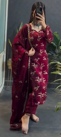 Red and Maroon color Salwar Kameez in Crushed Silk fabric with Sequence, Thread work