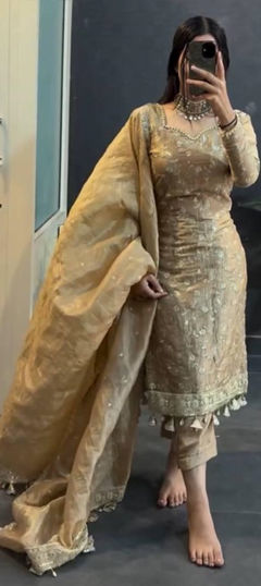 Gold color Salwar Kameez in Crushed Silk fabric with Sequence, Thread work