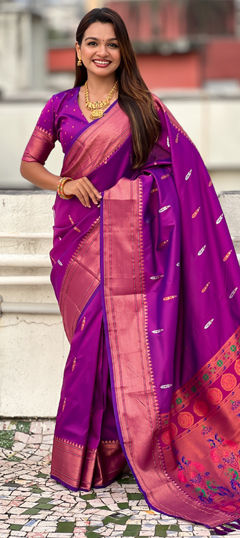 Purple and Violet color Saree in Silk fabric with Weaving work