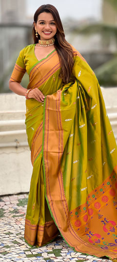 Green color Saree in Silk fabric with Weaving work
