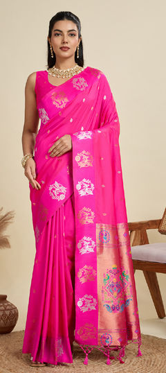 Pink and Majenta color Saree in Silk fabric with Weaving work