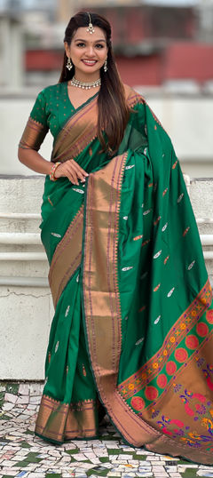 Green color Saree in Silk fabric with Weaving work