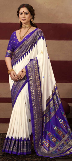 Blue, White and Off White color Saree in Silk fabric with Weaving work