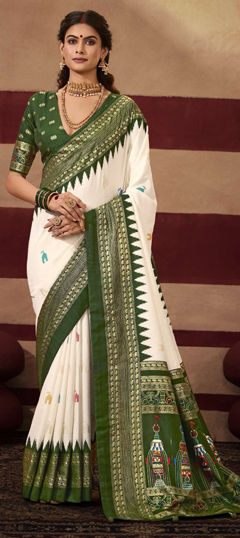 Green, White and Off White color Saree in Silk fabric with Weaving work