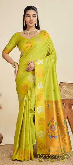 Green color Saree in Silk fabric with Weaving work