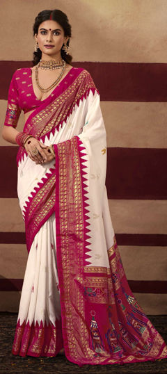 Pink and Majenta, White and Off White color Saree in Silk fabric with Weaving work