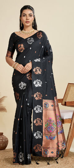 Black and Grey color Saree in Silk fabric with Weaving work