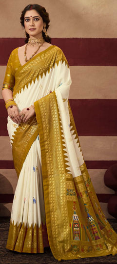 Gold, White and Off White color Saree in Silk fabric with Weaving work