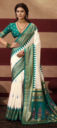 Blue, White and Off White color Saree in Silk fabric with Weaving work