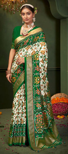 Green, White and Off White color Saree in Art Silk fabric with Weaving work