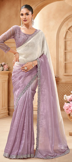 Purple and Violet, White and Off White color Saree in Crushed Silk fabric with Border work