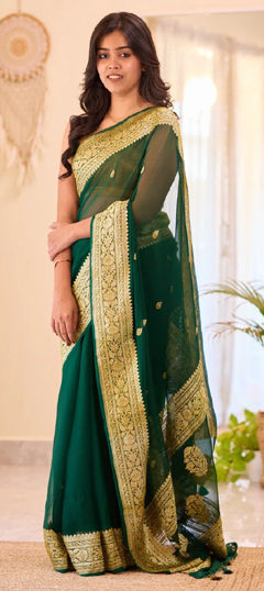 Green color Saree in Linen fabric with Weaving work