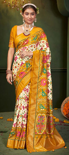 White and Off White, Yellow color Saree in Art Silk fabric with Weaving work