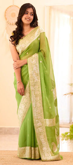 Green color Saree in Linen fabric with Weaving work