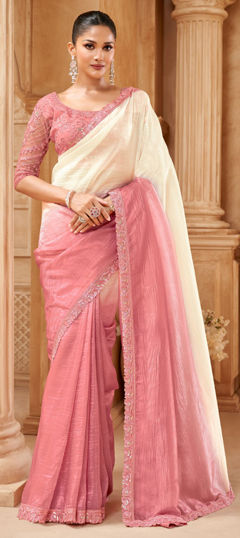 Pink and Majenta, White and Off White color Saree in Crushed Silk fabric with Border work