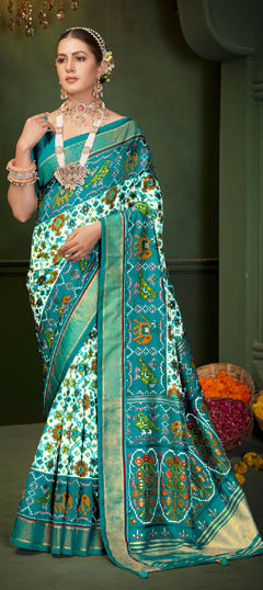 Blue, White and Off White color Saree in Art Silk fabric with Weaving work