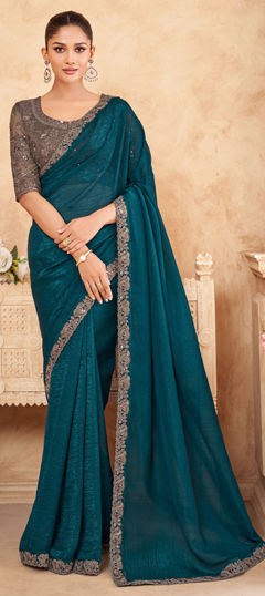 Blue color Saree in Shimmer fabric with Border work