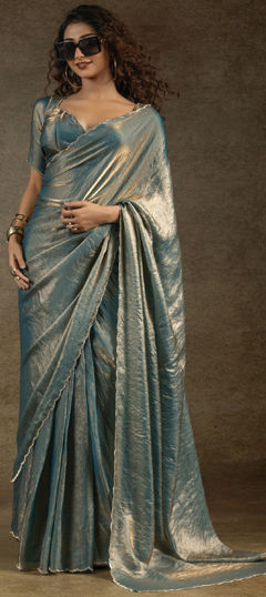 Blue color Saree in Crushed Silk fabric with Stone, Zircon work