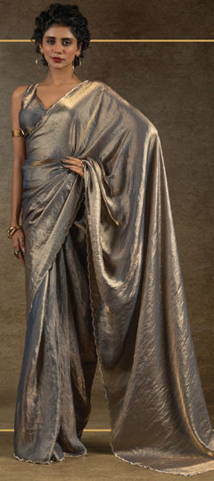 Black and Grey color Saree in Crushed Silk fabric with Stone, Zircon work