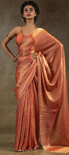 Orange color Saree in Crushed Silk fabric with Stone, Zircon work