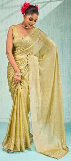 Green color Saree in Chiffon fabric with Cut Dana, Zircon work