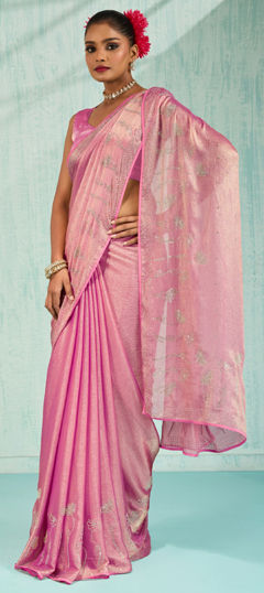 Pink and Majenta color Saree in Chiffon fabric with Cut Dana, Zircon work