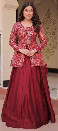 Red and Maroon color Long Lehenga Choli in Jacquard, Shimmer fabric with Weaving work
