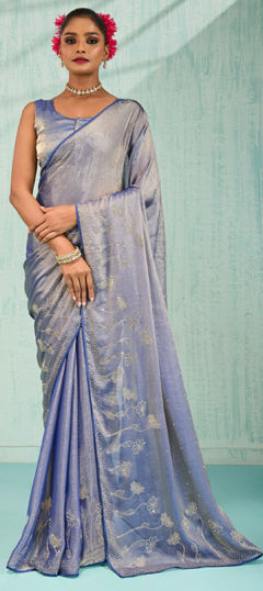Blue color Saree in Chiffon fabric with Cut Dana, Zircon work