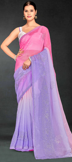 Pink and Majenta, Purple and Violet color Saree in Art Silk fabric with Stone, Swarovski work