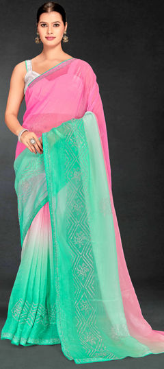 Green, Pink and Majenta color Saree in Art Silk fabric with Stone, Swarovski work