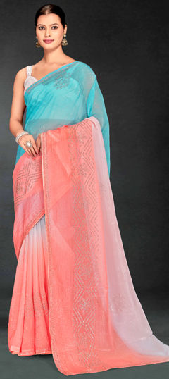 Blue, Pink and Majenta color Saree in Art Silk fabric with Stone, Swarovski work