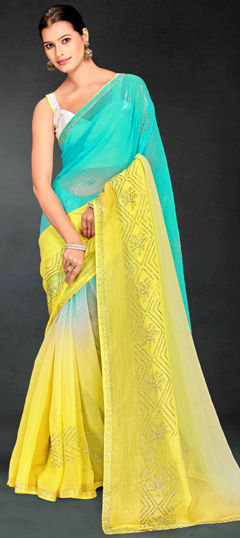 Blue, Yellow color Saree in Art Silk fabric with Stone, Swarovski work