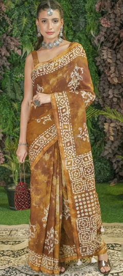 Beige and Brown color Saree in Viscose fabric with Printed work