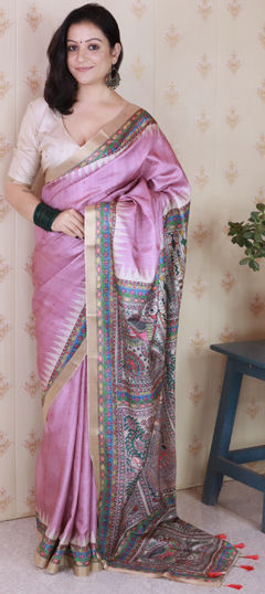 Purple and Violet color Saree in Tussar Silk fabric with Digital Print, Weaving, Zari work