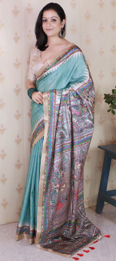 Green color Saree in Tussar Silk fabric with Digital Print, Weaving, Zari work