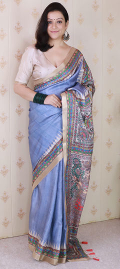 Black and Grey color Saree in Tussar Silk fabric with Digital Print, Weaving, Zari work